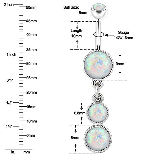 Cute Dangly Opal Belly Button Rings 14g 316L Stainless Steel Dangle Navel Rings for Women Belly Button Piercing Dangling Navel Bar - color: White Opal