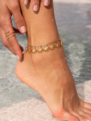 U7 Ankle Bracelets for Women Stainless Steel Waterproof Tarnish Resistant | 18K Gold Plated/Silver/Rose Gold Anklets, Cuban Chain Anklet Bracelets, Perfect for Summer Beach and Vacation Outfits - color: Gold Plated-Elephant Charm