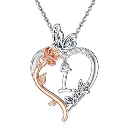 TOUPOP Gifts for Women Her 925 Sterling Silver Rose Heart Initial Necklace Butterfly Heart Jewelry Anniversary Birthday Gifts for Wife Girlfriend Mom - color: I Initial