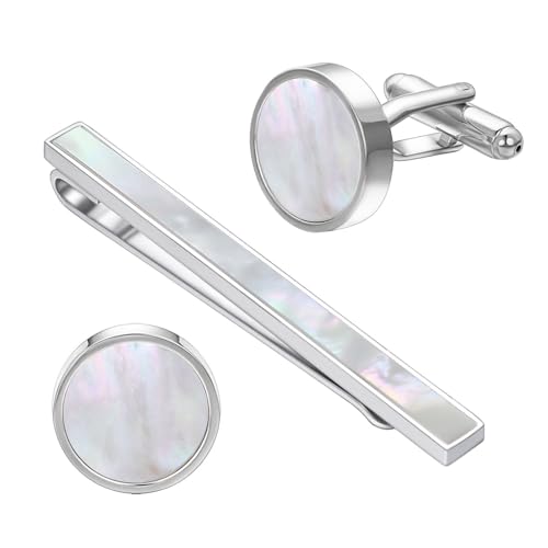 Shell Tie Clip Cufflinks Set for Men Business Gold Silver Tie Bar Cuffs Wedding Party Suit Jewelry Gift - style: Silver