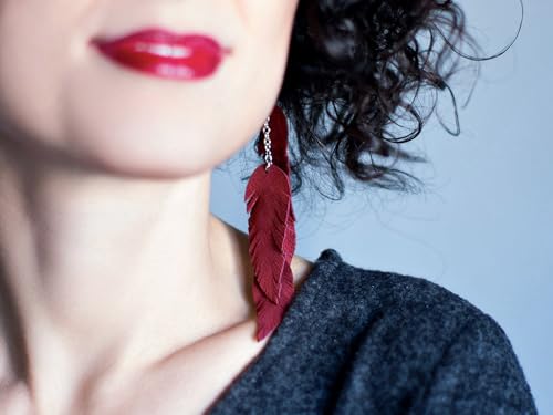 Leather Feather Earrings, Suede layered earrings, boho wedding jewelry, summer earrings, gift for her, dangle earrings - color: dark red