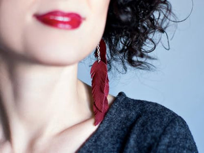Leather Feather Earrings, Suede layered earrings, boho wedding jewelry, summer earrings, gift for her, dangle earrings - color: dark red