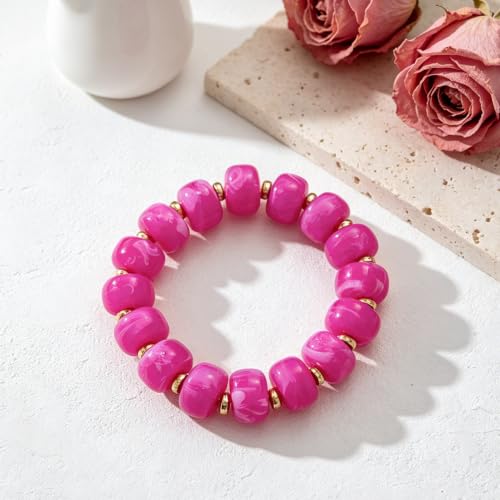 Chunky Beaded Bracelet for Women-Boho Bold Acrylic Resin Stretch Bracelets Trendy Summer Beach Elastic Bangle Vacation Jewelry Accessories - color: Style 1-Magenta