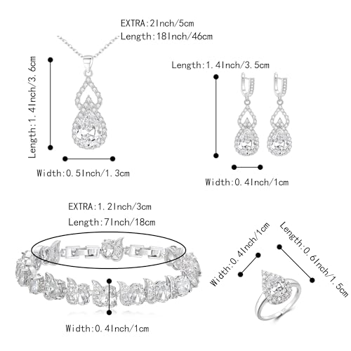 Wedding Jewelry Set for Women Bride Bridesmaid | Gorgeous Cubic Zirconia Teardrop Necklace Earrings Bracelet Adjustable Ring Jewelry Gift for Birthday/Anniversary - color: 02-Clear Silver-Tone