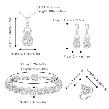 Wedding Jewelry Set for Women Bride Bridesmaid | Gorgeous Cubic Zirconia Teardrop Necklace Earrings Bracelet Adjustable Ring Jewelry Gift for Birthday/Anniversary - color: 02-Clear Silver-Tone