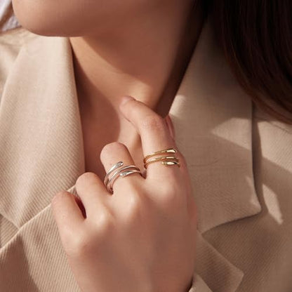 Silver Open Adjustable Stacking Rings for Women, Minimalist Wrap Band Set, Geometric/Heart/Wave/Leaf/Spiral Styles, Hypoallergenic, Gift Box Included, Thumb Ring Option - color: 14K Water Drop