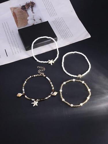 Gold Shell Ankle Bracelets for Women Adjustable Boho Beach Jewelry Set With Starfish Conch Pearl Bead Summer Vacation Foot Accessories Gifts for Travel - color: Gold-B