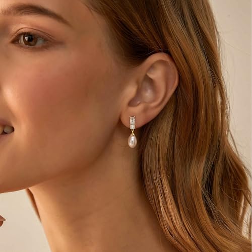 Pearl Earrings for Women:Gold Wedding Dangle Drop Earring Pearl Jewelry | 14K Gold Plated Pearl Drop Earrings for Women,Dainty Wedding Bride Earring Studs,Gold Dangle Drop Earring,Waterproof Jewelry - size: 1 pcs-18