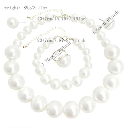White Faux Pearl Necklace and Earrings Set Big Large Pearl Bead Ball Beaded Choker Necklace Black Pink Pearls Statement Bracelet Ring for Women - color: green