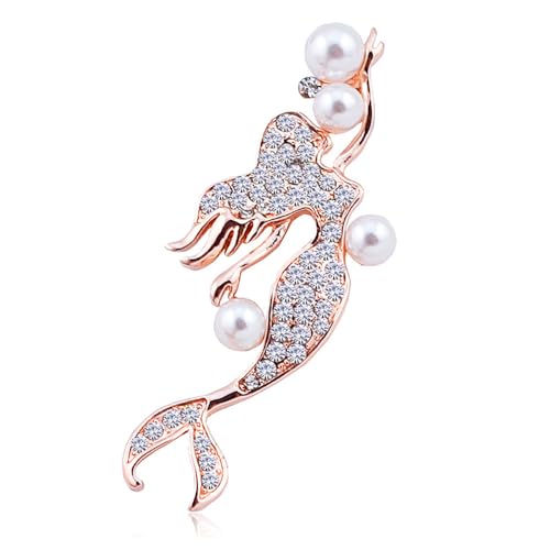 Elegant Mermaid Fish Lapel Brooch Pin Cubic Zirconia Rhinestone Faux Pearl Ocean Sea Animal Pins Clip Shawl Sweater Scarves Badges Brooches Pins Dainty Jewelry Gifts for Women Girls Clothes Accessories - color: Rose Gold