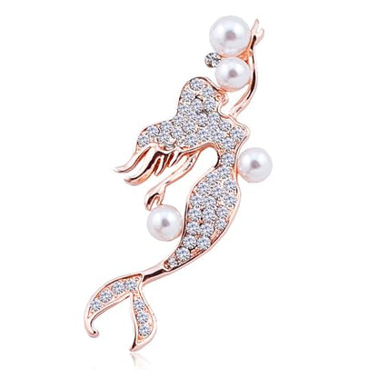 Elegant Mermaid Fish Lapel Brooch Pin Cubic Zirconia Rhinestone Faux Pearl Ocean Sea Animal Pins Clip Shawl Sweater Scarves Badges Brooches Pins Dainty Jewelry Gifts for Women Girls Clothes Accessories - color: Rose Gold