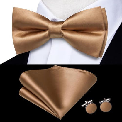 Hi-Tie 5Pcs Mens Solid Color Silk Tie Satin Pretied Bowtie Lapel Pin for Men Handkerchief Cufflink Wedding Gift Box - color: Deep Khaki