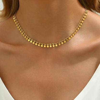 Gold Chain Necklace for Women 18K Gold Plated Dainty Star Cross Heart Cuabn Choker Chains Stainless Steel Trendy Jewelry Christmas Gifts - color: Tiny Star