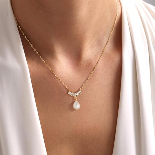 Pearl Necklaces for Women,Dainty Gold Pendant Necklaces Waterproof Jewelry | 14K Gold Plated Pearl Necklaces,Dainty Elegant Wedding Necklace,Small Cute Adjustable Minimalist Necklace,Non Tarnish Jewelry - color: GOLD-12