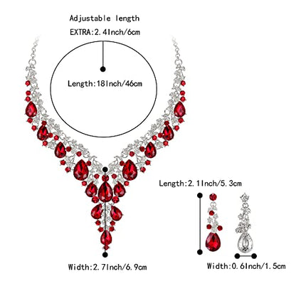 BriLove Women's Wedding Bridal Austrian Crystal Teardrop Flower Cluster Statement Necklace Dangle Earrings Jewelry Set for Party Prom - color: 2Pcs-Ruby Color Silver-Tone