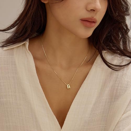 14K Gold Plated Bubble Letter Necklace, Tarnish Free and Waterproof Dainty Initial Necklace for Women, Trendy Personalized Gold Jewelry Gift for Her - color: Gold, style: A.