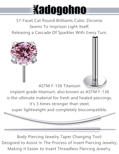 F136 Titanium 20/18/16g Internally Threaded Medusa Monroe Lip Ashley Labret Nose Rings Flat Back Tragus Helix Cartilage Conch Screw Stud Earrings Surgical Steel Piercing Jewelry for Women - color: Pink CZ, size: 16g*3/8in
