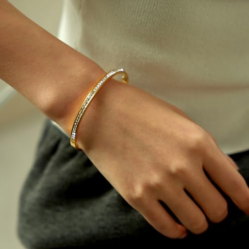 Gold Bracelets for Women, 18K Gold Plated Cubic Zirconia Bangle Bracelets Stainless Steel Eternity Crystal Oval Bracelet Cuff Bracelets for Women Jewelry - color: Half CZ Bangle-Gold