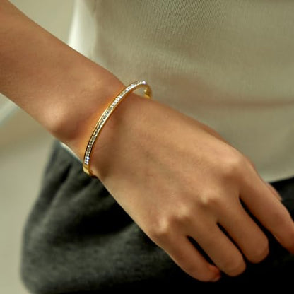 Gold Bracelets for Women, 18K Gold Plated Cubic Zirconia Bangle Bracelets Stainless Steel Eternity Crystal Oval Bracelet Cuff Bracelets for Women Jewelry - color: Half CZ Bangle-Gold