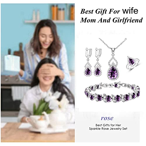 LMXXVJ Women Jewelry Set Platinum Plated Necklace Open Ring Earrings Bracelet Set,Birthday/Anniversary Mother’s Day Jewelry Gifts for Mom/Wife/Sister/Best Friend - color: Purple