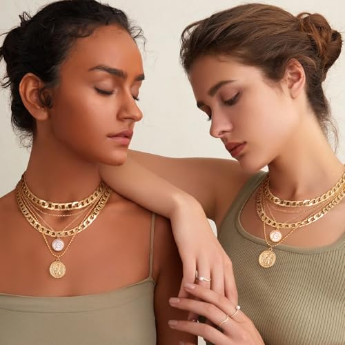 MJartoria Layered Necklaces for Women Trendy Retro Mother of Pearl Coin Letter Pendant Necklace Dainty Chunky Chain Choker Necklaces for Jewelry Birthday Gifts - style: C