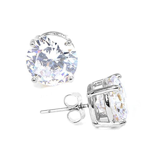 Stainless Steel Round Cut Cubic Zirconia Stud Earrings With Clear Case - Gold, Silver (3mm~12mm) - color: 12mm-Silver