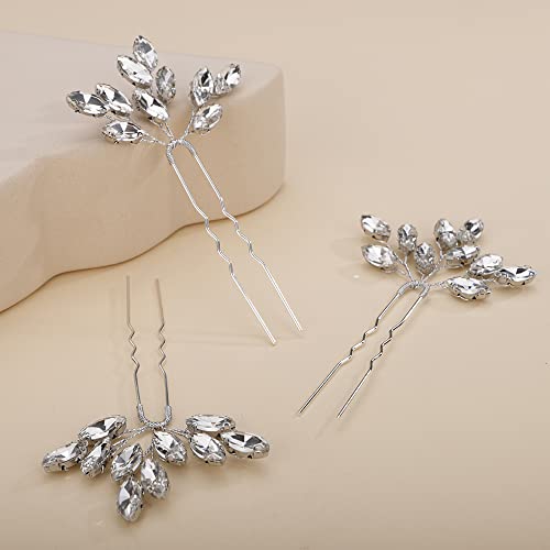 Teyglen 3pcs Bridal Crystal Hair Pins Rhinestones Hair Pieces Simple Crystal Wedding Hair Accessories Handmade Hair Pins for Women Bride Girls (Silver) - color: Silver