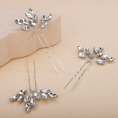 Teyglen 3pcs Bridal Crystal Hair Pins Rhinestones Hair Pieces Simple Crystal Wedding Hair Accessories Handmade Hair Pins for Women Bride Girls (Silver) - color: Silver
