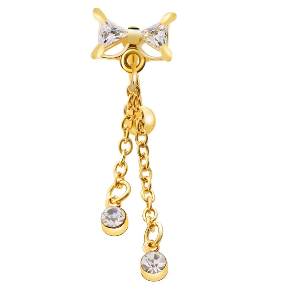 14G CZ Bowknot Reverse Belly Button Rings for Women Stainless Steel Pink Purple Crystal Bow Chains Tassel Dangle Belly Navel Rings Navel Curved Barbell Body Piercing Jewelry - color: White