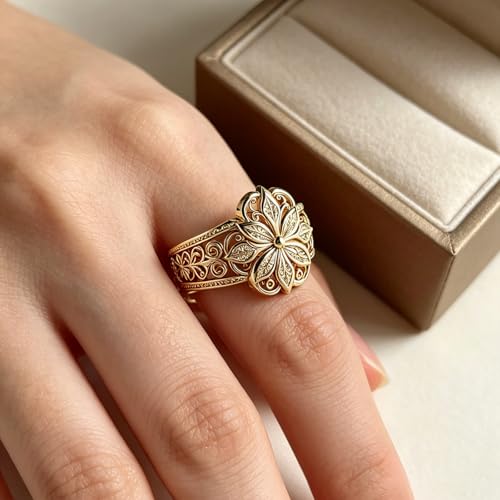 Chunky Gold Flower Ring For Women, Vintage Classic Engraved Hollow Plumeria Flower Pattern Stackable Thumb Ring, Promise Stackable Wedding Engagement Couples Men Jewelry Gift