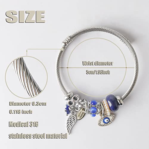 DS Charm Bracelets for girls,exquisite cute cartoon friendship bracelets Silver Stainless Steel Bangle with birthday Gift box, Adjustable girls jewelry Suitable for holiday gifts - style: Silver-blue evil eye