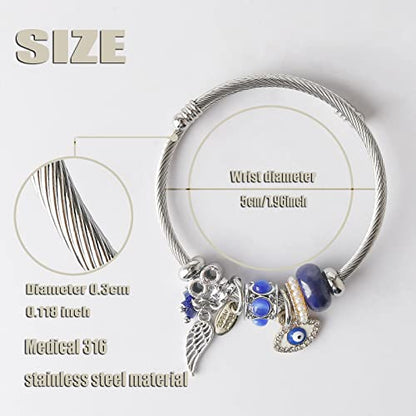 DS Charm Bracelets for girls,exquisite cute cartoon friendship bracelets Silver Stainless Steel Bangle with birthday Gift box, Adjustable girls jewelry Suitable for holiday gifts - style: Silver-blue evil eye