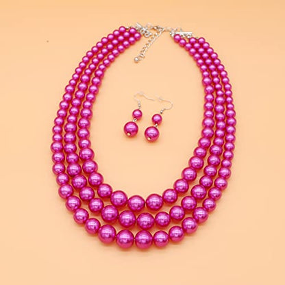 Chunky Layered Imitation Pearl Necklace for Women 3 strand Pearl Necklaces Faux Pearl Necklace Earrings Set 1920s Flapper Gatsby Costume Accessories - color: 3 strand pearl necklace Fuchsia