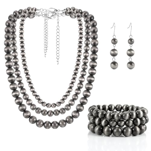 KOSMOS-LI Western Style Multi Layer Necklaces Bracelet Earrings Faux Pearl Cowgirl Beaded Women Jewelry Sets - color: grey21080