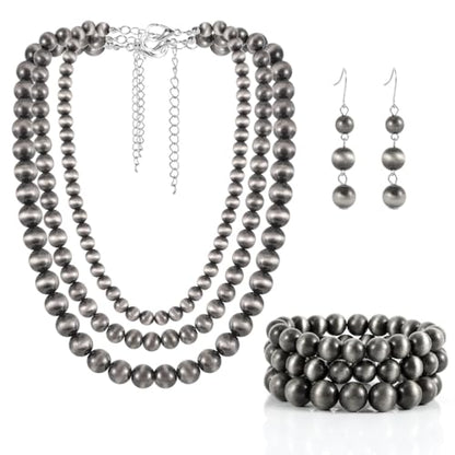 KOSMOS-LI Western Style Multi Layer Necklaces Bracelet Earrings Faux Pearl Cowgirl Beaded Women Jewelry Sets - color: grey21080