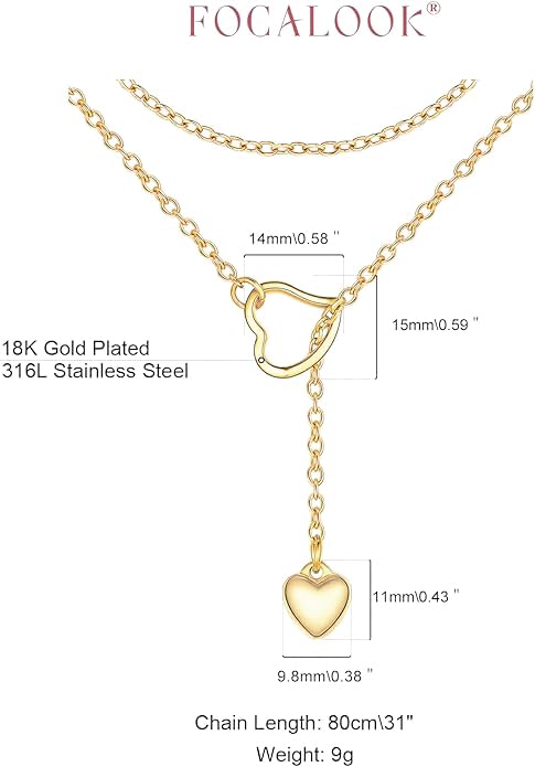 FOCALOOK Heart Lariat Necklaces for Women, Long Slip Chain Necklace | Hypoallergenic 316L Stainless Steel Silver/Black/Gold Plated, Front Slider Closure, Non Tarnish, Layered look, Everyday Wear - color: 03:Gold Heart