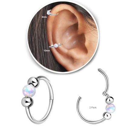 2PCS 18G Opal Cartilage Hoop Earrings, Hypoallergenic Silver Huggie Hoops | 316L Surgical Stainless Steel, 8mm 10mm sizes, hinged closure for easy wear, helix, tragus, conch, nose and daily styling - style: 1Pc8mm+1Pc10mm White Opal/Silver