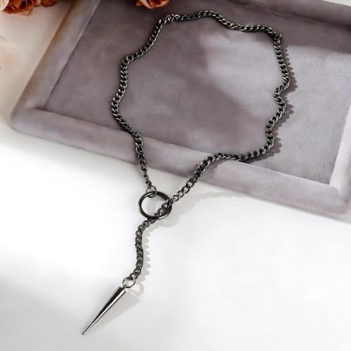 Slip Chain Choker for Women Handmade Black Stainless Steel Cuban Chain Chunky Moon Bat Raven Skull Pendant Gothic Punk Rock Collar Adjustable Lariat Y Necklace for Men - style: Black Spike