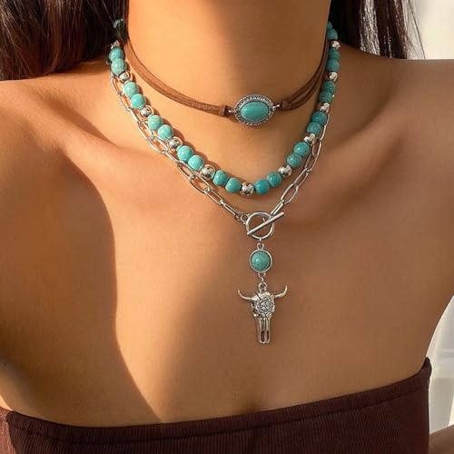 HUASAI Boho Necklaces for Women Dainty Layered Choker Necklace Bohemian Turquoise Necklace Statement Jewelry Western Cowgirl Country Concert Outfits Accessories - color: A-Boho