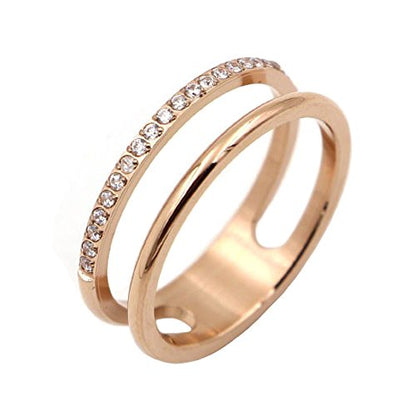 Women's Stainless Steel Cubic Zirconia Ring Knuckle Midi Stacking Double Lines Eternity Bands - color: Rose Gold