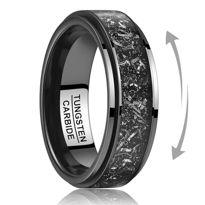 TUNGSTORY 8mm Tungsten Mens Wedding Band, Black Spinner Fidget Rings Meteorite Inlaid, Anxiety Released Spinner Ring for Men Engagement Anniversary Comfort Fit Size 7-12