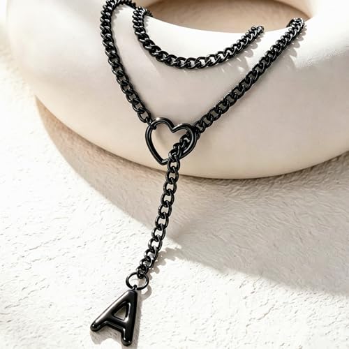 Black Heart Slip Chain Initial Necklaces for Women, Stainless Steel Wrap Choker Necklace, Gothic O-Ring Adjustable Lariat Y Necklaces, Punk Cuban Collar Choker Necklace, Halloween Jewelry Gift - color: Black A
