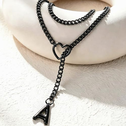 Black Heart Slip Chain Initial Necklaces for Women, Stainless Steel Wrap Choker Necklace, Gothic O-Ring Adjustable Lariat Y Necklaces, Punk Cuban Collar Choker Necklace, Halloween Jewelry Gift - color: Black A