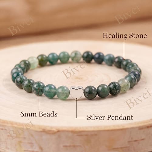 Bivei Crystal Stretch 6mm Bracelets for Women | Handmade Natural Stone Beaded Stretch Bracelet, Stainless Steel Heart Bead, Tranquility Yoga Gift Jewelry for Women - color: Moss Agate - Grounding