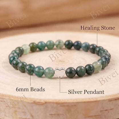 Bivei Crystal Stretch 6mm Bracelets for Women | Handmade Natural Stone Beaded Stretch Bracelet, Stainless Steel Heart Bead, Tranquility Yoga Gift Jewelry for Women - color: Moss Agate - Grounding