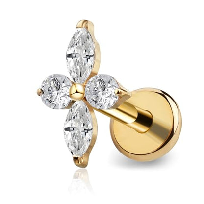FINE4U 1PC ASTM F136 Titanium 16G Flatback Stud for Tragus, Helix, Conch 6mm 8mm - Screw on Cartilage Earring Piercing Jewelry - color: Four-Pointed Star C - Gold