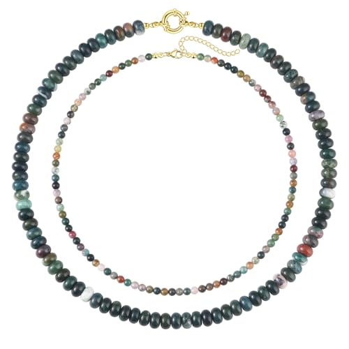 CASDAN 2Pcs Natural Gemstone Beaded Choker Necklaces for Women | Boho Colorful Beads Choker,Natural Stone Surfer Beach Necklaces,Handmade Summer Jewelry,Charm Trendy Necklaces - color: Greyish green