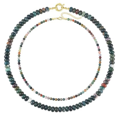 CASDAN 2Pcs Natural Gemstone Beaded Choker Necklaces for Women | Boho Colorful Beads Choker,Natural Stone Surfer Beach Necklaces,Handmade Summer Jewelry,Charm Trendy Necklaces - color: Greyish green