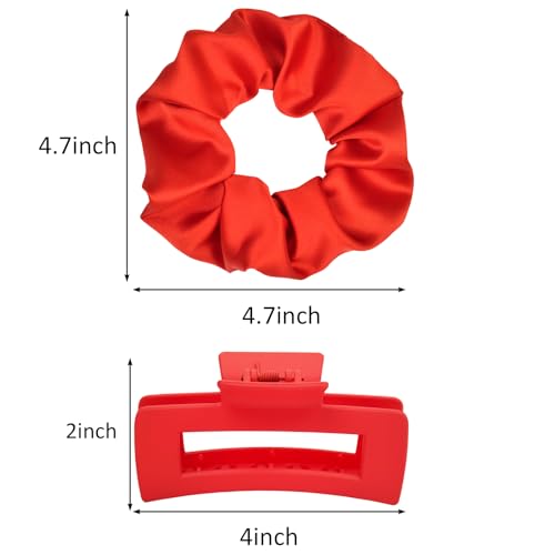 Hair Accessories Set for Women 6pcs – 3 Medium Hair Clips 3 Big Satin Scrunchies, Non-Slip Matte Hair Claw Clips, Back to School, Birthday Gift, Daily Use, Red/White/Black - color: Red/White/Black