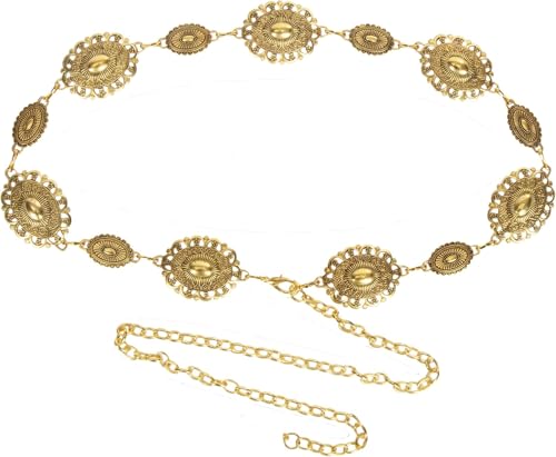 Women Western Concho Chain Belt - Fashion Gold Metal Waist Cowgirl Belt for Dresses Jeans - color: Gold